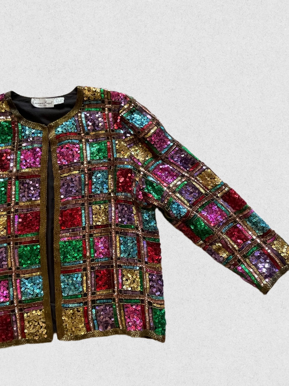 90s Laurence Kazar Multicolor Sequin Patchwork Jacket with Gold Trim - Picture 3 of 13